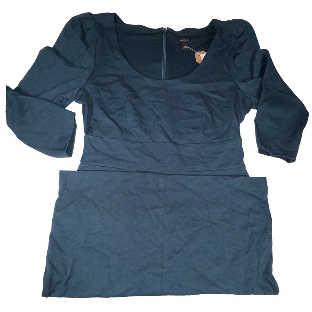 Ann Taylor Ponte Sheath Dress Women's 8 Dark Teal Square Neck Puff Sleeve NWT